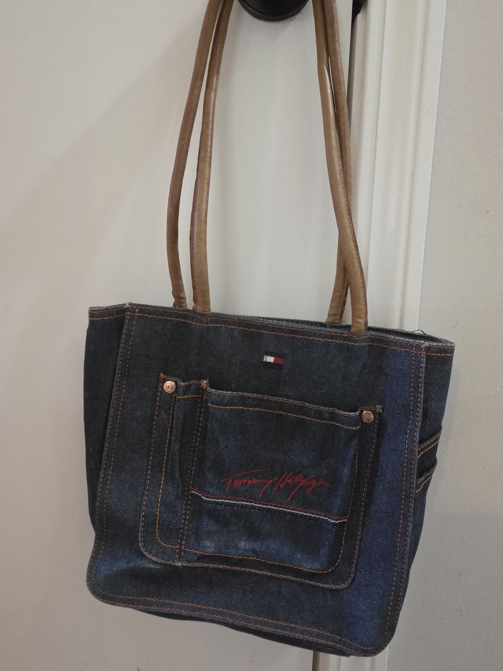 *Tommy Hilfiger Women's Dark Denim Tote with Brown Handles